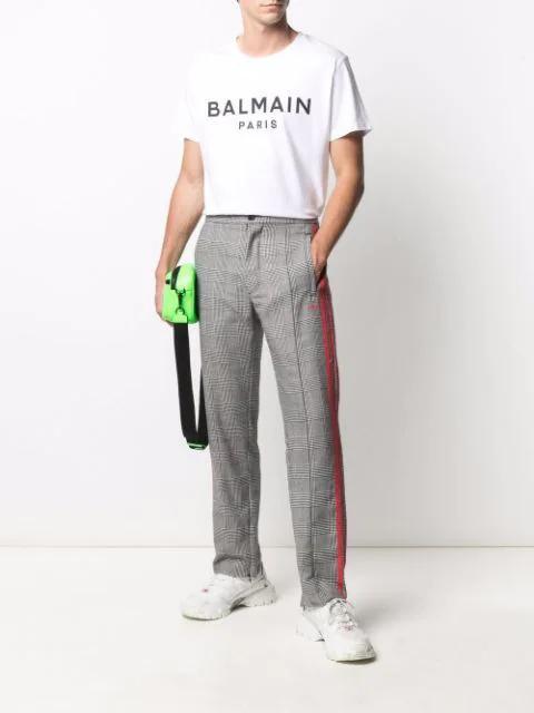 BALMAIN White Crewneck T-shirt With Contrasting Logo Lettering Print In Cotton