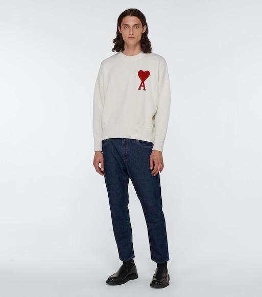 AMI ALEXANDRE MATTIUSSI Ami Paris Ami Heart Design Wool Sweater In Intarsia Knit In White