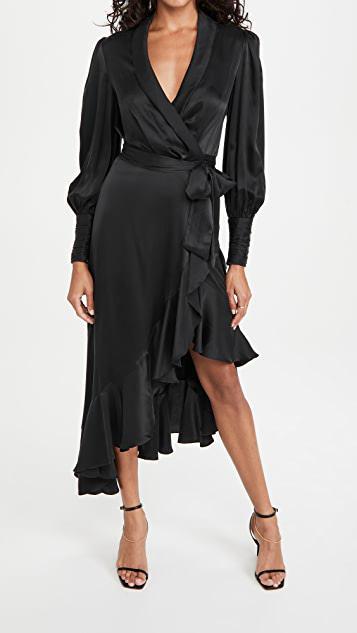 ZIMMERMANN Long-sleeve Wrap Silk Midi Dress In Black