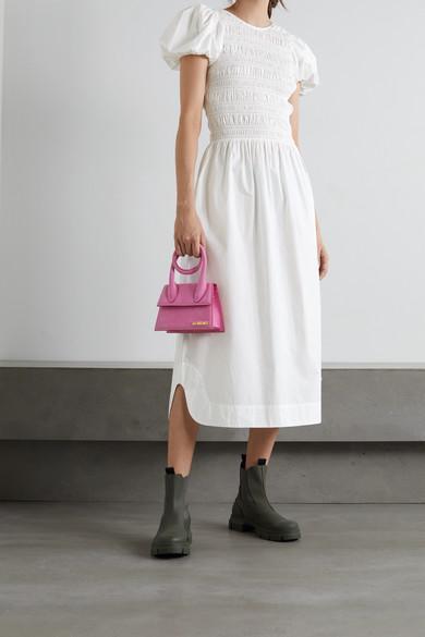 GANNI Smocked Organic Cotton-poplin Midi Dress In Bright White