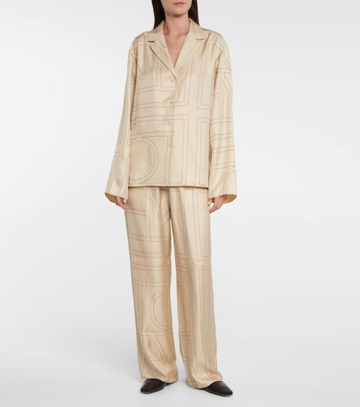 TOTÊME Monogram Silk Straight-leg Ankle Pajama Pants In Brown