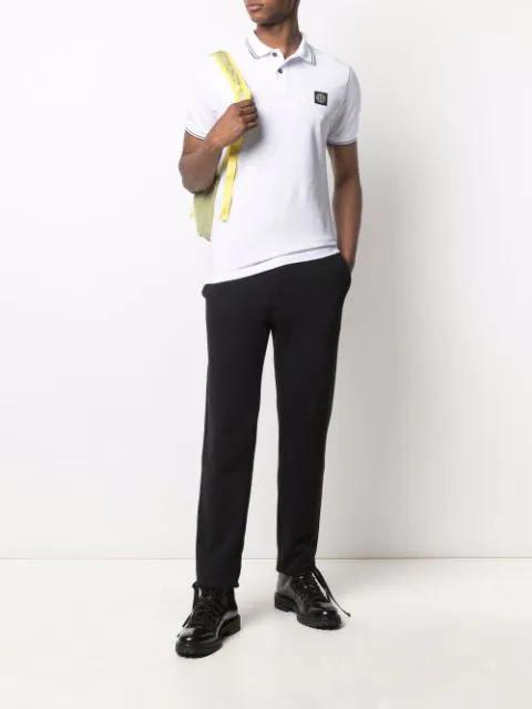 STONE ISLAND Contrasting Trim Logo Patch Cotton Blend Polo Shirt In White