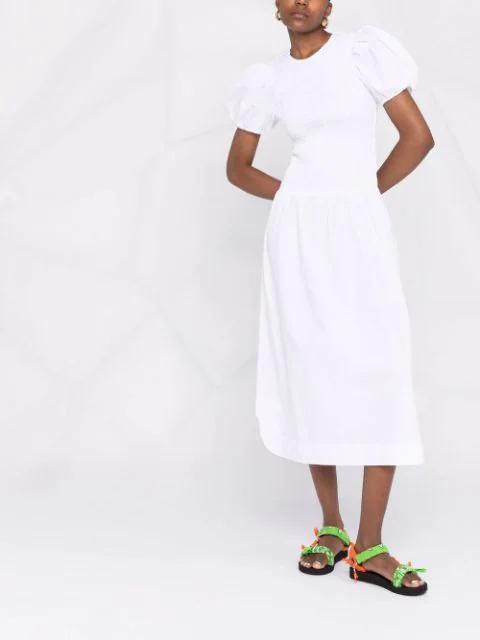 GANNI Smocked Organic Cotton-poplin Midi Dress In Bright White