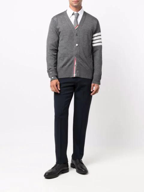 THOM BROWNE V-neck Grey Wool Cardigan With Signature Striped Detail In Gray
