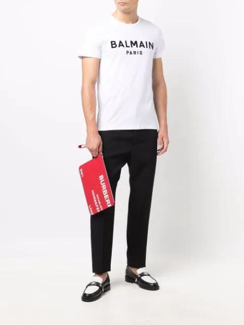 BALMAIN White Crewneck T-shirt With Contrasting Logo Lettering Print In Cotton