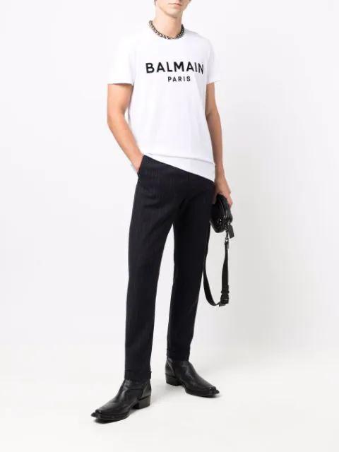 BALMAIN White Crewneck T-shirt With Contrasting Logo Lettering Print In Cotton