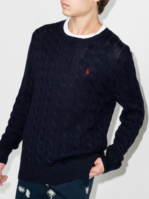 POLO RALPH LAUREN Blue Cable Knit Crewneck Sweater With Pony Embroidery On The Front In Wool And Cashmere Man
