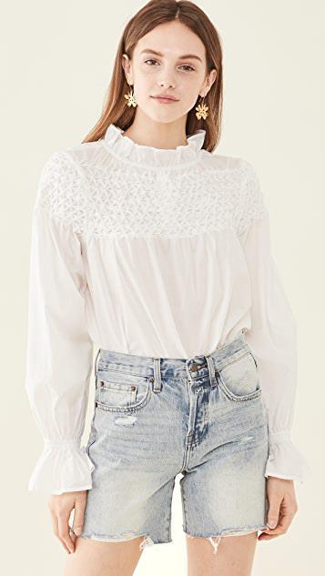 MERLETTE Majorelle White Smocked Cotton Blouse