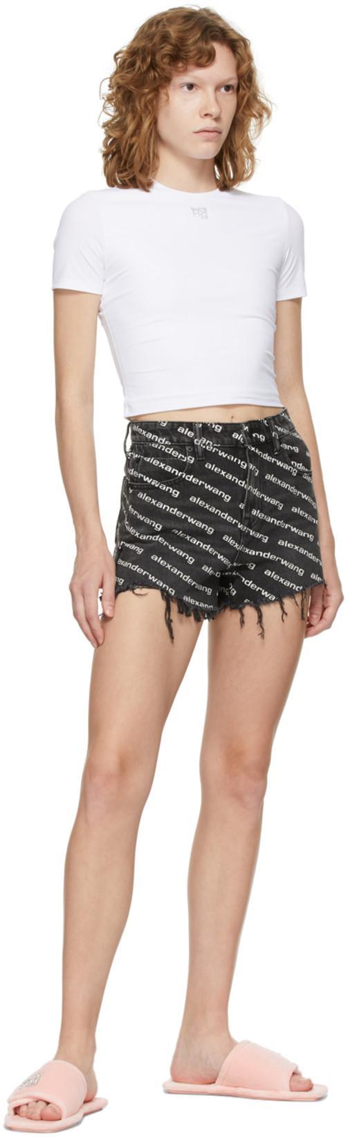 ALEXANDER WANG Omens Grey Aged White Logo-print Bite Denim Shorts In Black