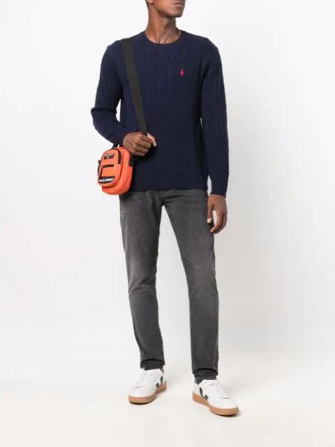 POLO RALPH LAUREN Blue Cable Knit Crewneck Sweater With Pony Embroidery On The Front In Wool And Cashmere Man