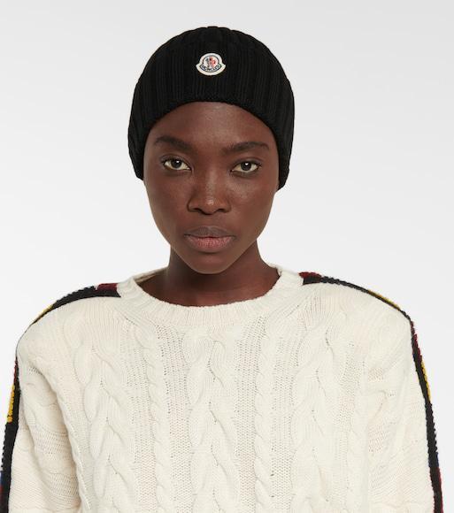 MONCLER Logo Patch Cuff Virgin Wool Rib Beanie In Black
