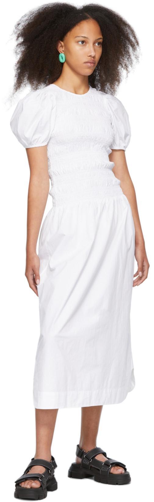 GANNI Smocked Organic Cotton-poplin Midi Dress In Bright White