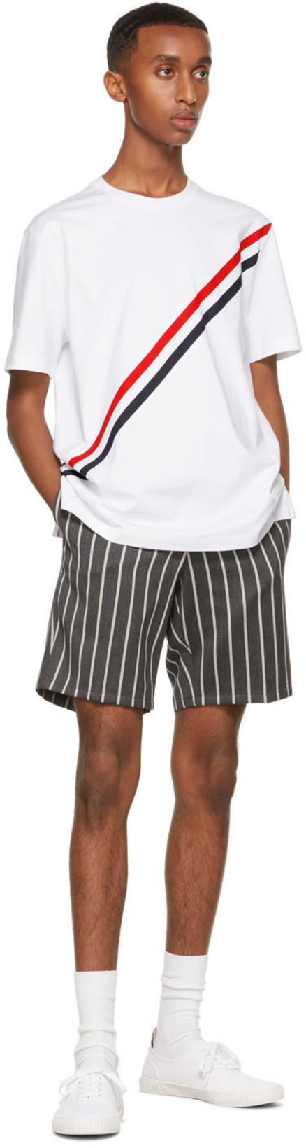 THOM BROWNE Printed Rwb Stripe Cotton Jersey T-shirt In White