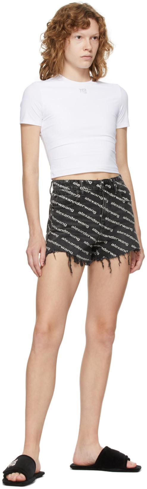 ALEXANDER WANG Omens Grey Aged White Logo-print Bite Denim Shorts In Black