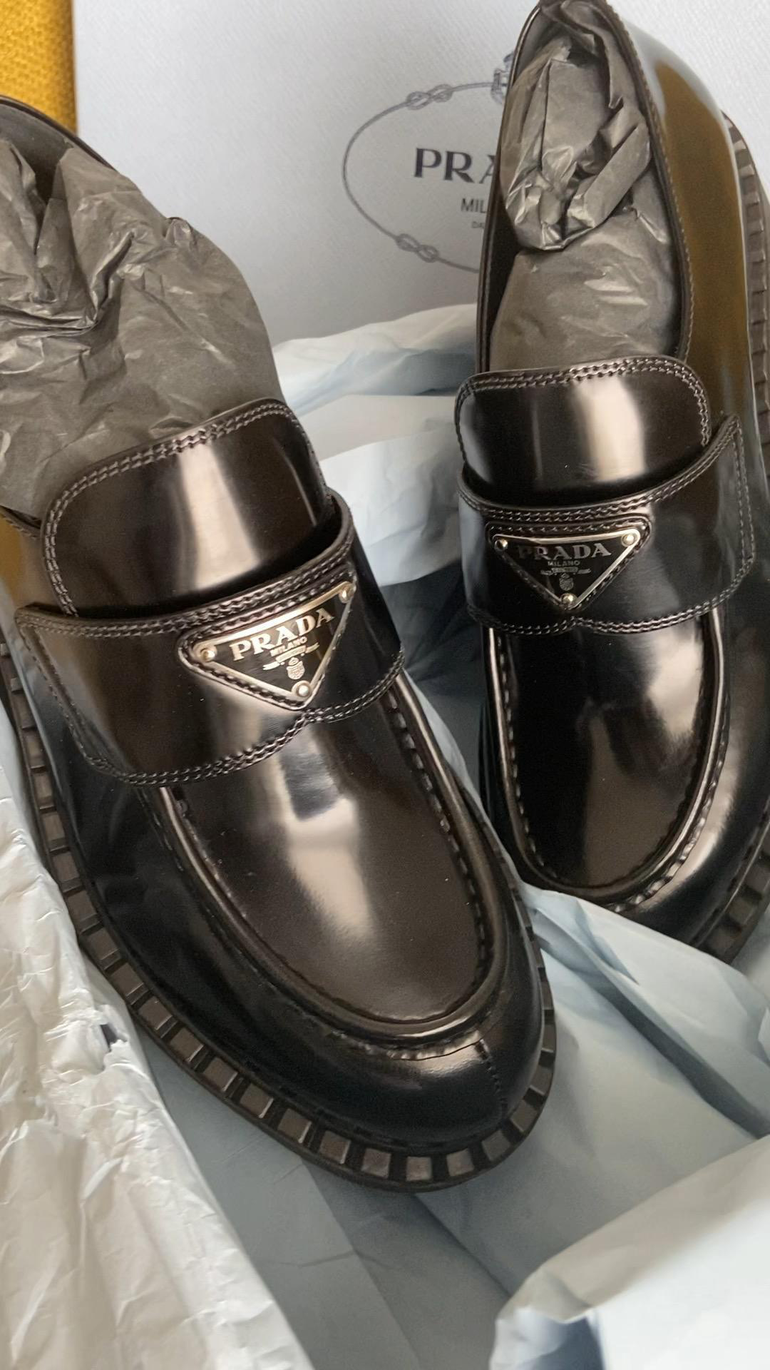 PRADA Platform Leather Triangle Logo Loafers In Black