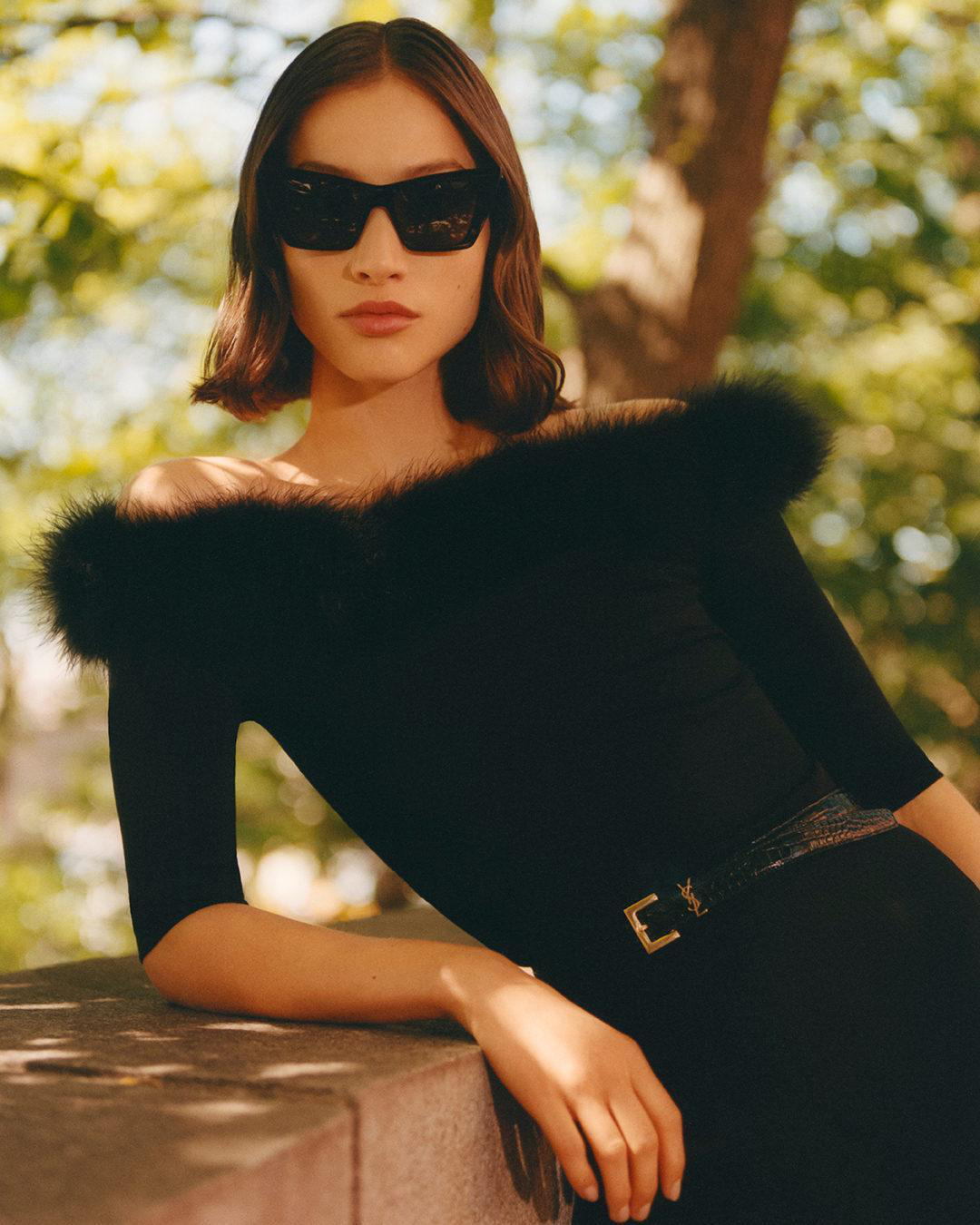 SAINT LAURENT Cassandre Embellished Croc-effect Leather Belt In Black