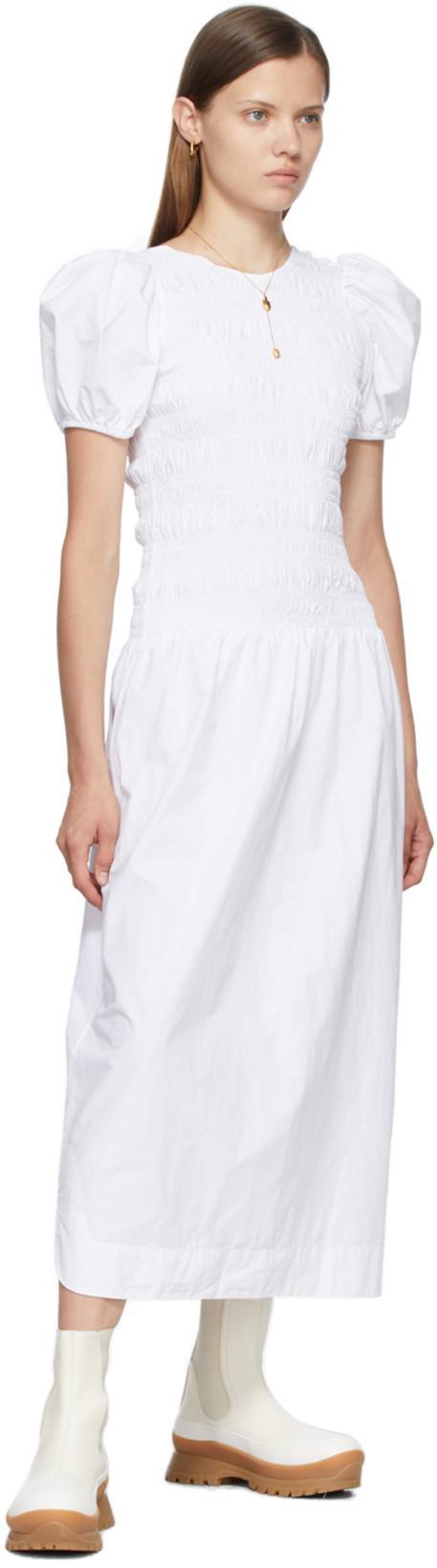 GANNI Smocked Organic Cotton-poplin Midi Dress In Bright White