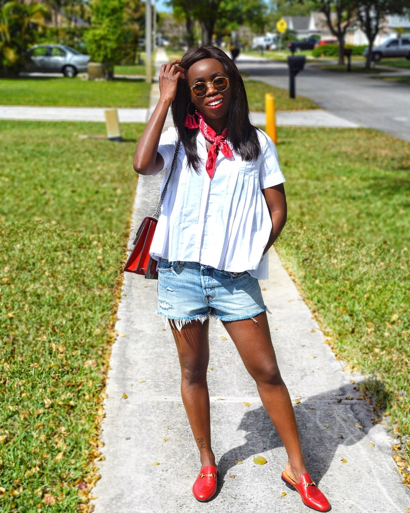 awynterstyle's Posts | Wearing: Levi's Blue Denim 501 Mid-rise Shorts In Tango Light Short; Gucci Red Princetown Leather Mules