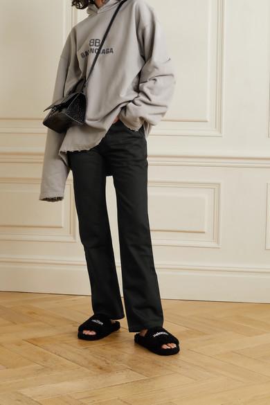 BALENCIAGA Furry Logo-embroidered Faux Shearling Slides In Black