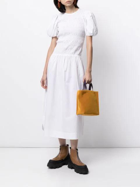 GANNI Smocked Organic Cotton-poplin Midi Dress In Bright White