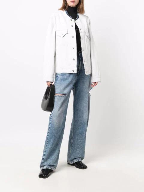 MAISON MARGIELA Bianchetto Hand-painted Collarless Denim Jacket In White Crackle