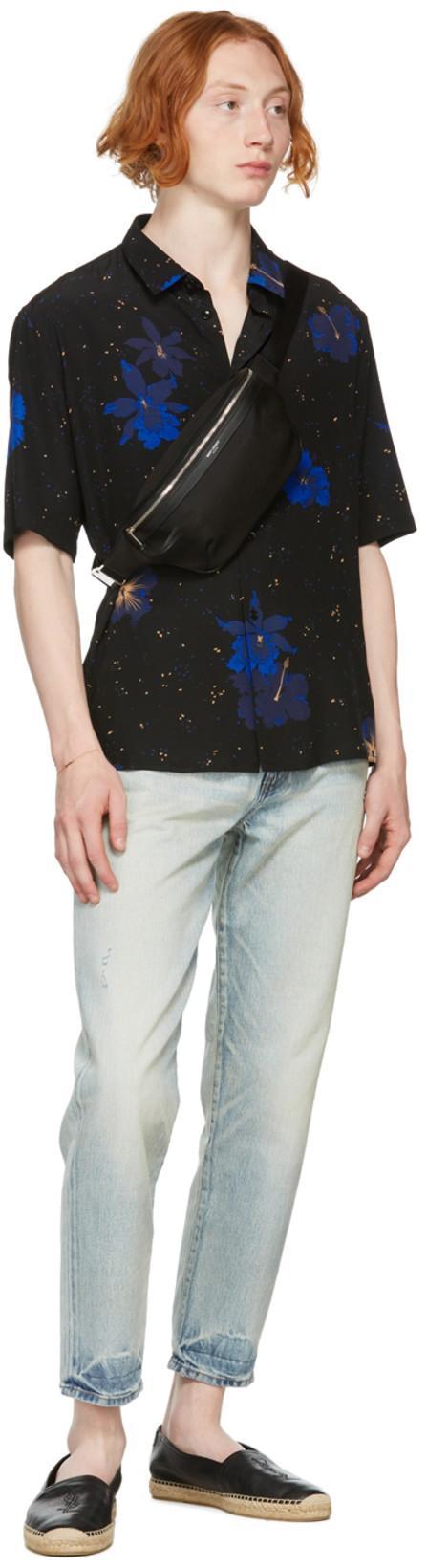 SAINT LAURENT Logo Embossed Calf Leather Flat Espadrilles In Black