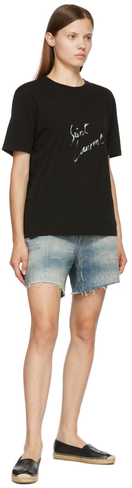 SAINT LAURENT Logo Embossed Calf Leather Flat Espadrilles In Black