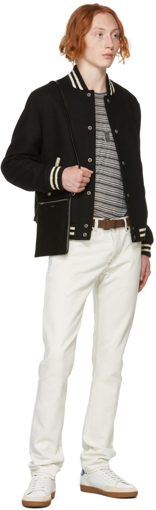 SAINT LAURENT Teddy Logo Patch Wool Blend Bomber Jacket In Noir