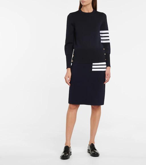 THOM BROWNE Crewneck Wool Sweater With Signature Stripes In Blue