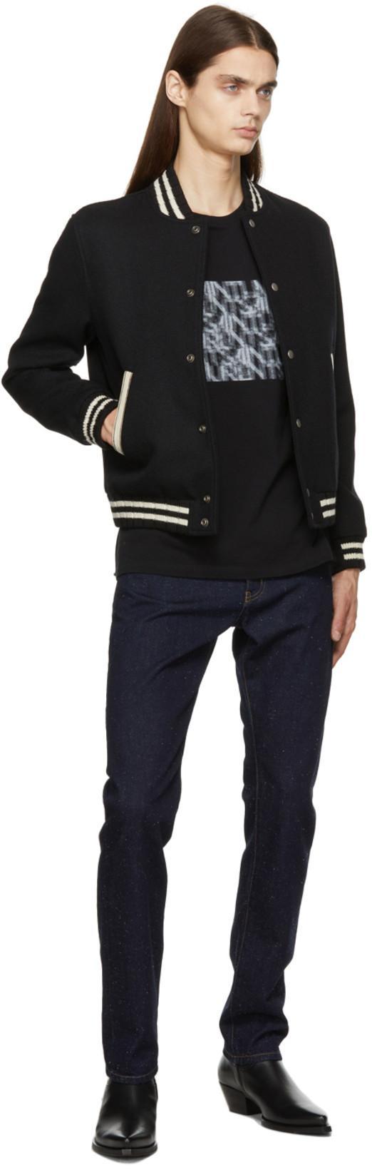 SAINT LAURENT Teddy Logo Patch Wool Blend Bomber Jacket In Noir