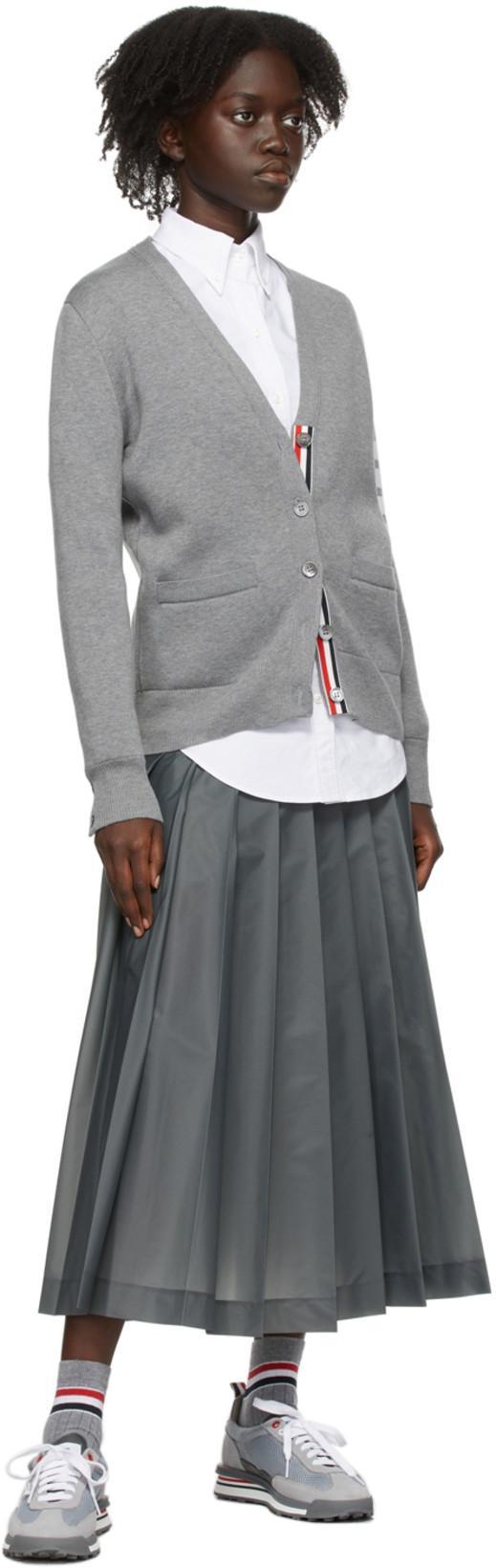 THOM BROWNE V-neck Grey Virgin Wool Cardigan In Gray