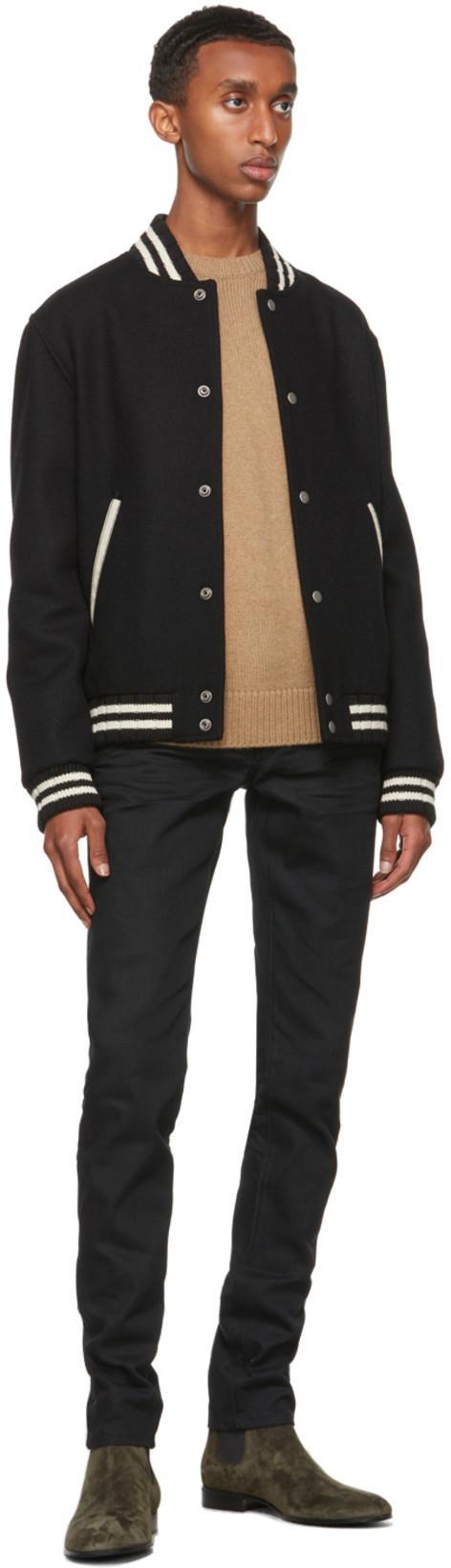 SAINT LAURENT Teddy Logo Patch Wool Blend Bomber Jacket In Noir