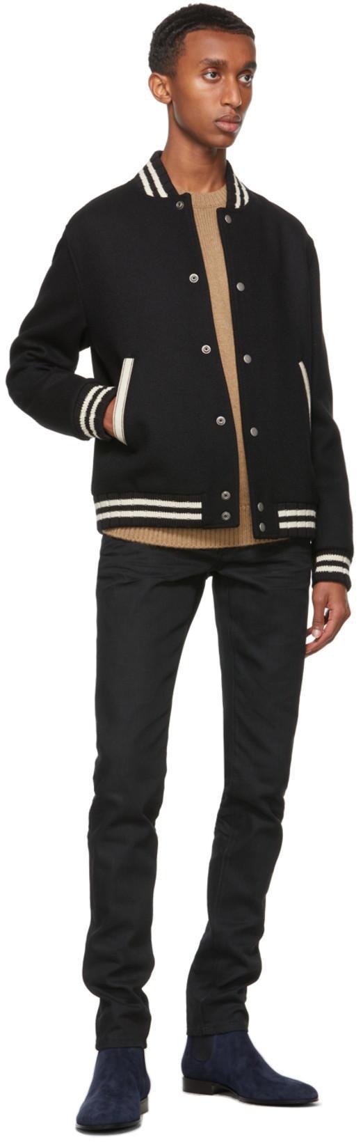 SAINT LAURENT Teddy Logo Patch Wool Blend Bomber Jacket In Noir