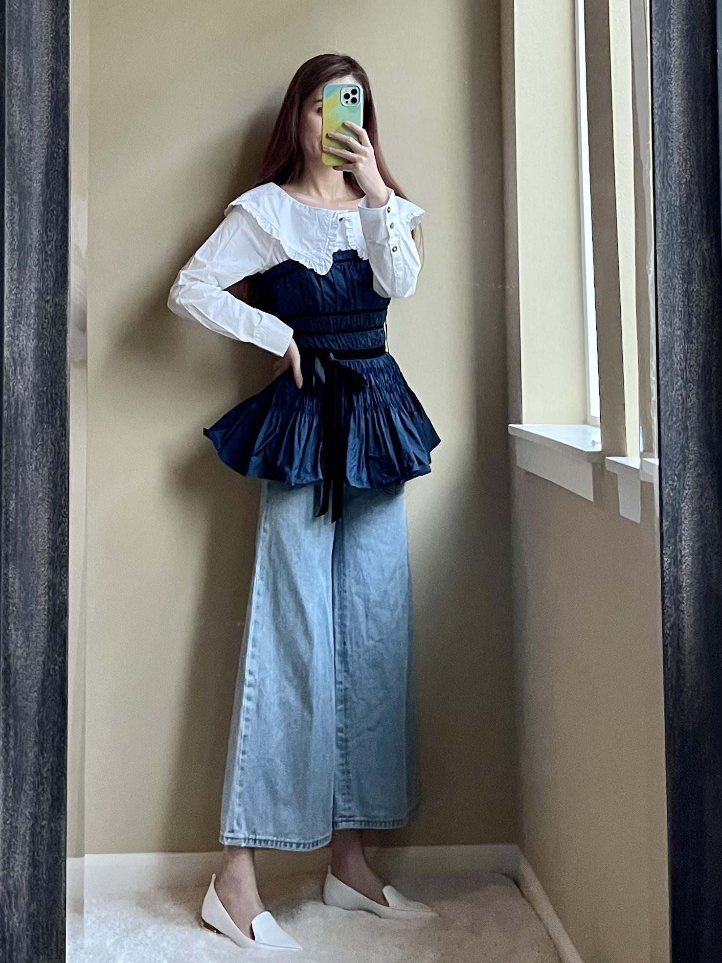 GANNI Balloon Sleeve Poplin Cotton Shirt In White