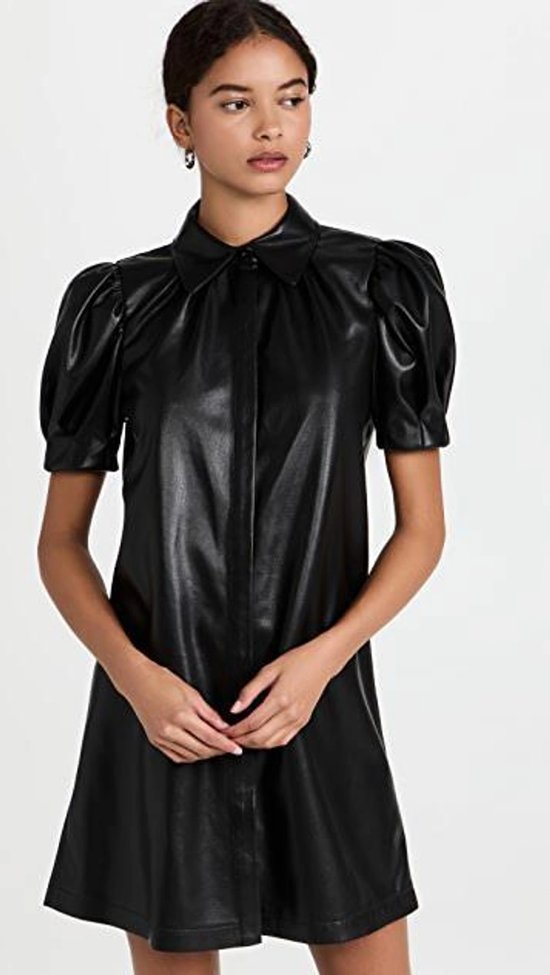shopbop.com's Posts | 搭配: Alice And Olivia Jem Vegan-leather 70s-collar Puff-sleeve Dress In Black；Stems 2-pack Micro Fishnet Ankle Socks In Black；Shashi Dominique Hoop Earrings In Gold