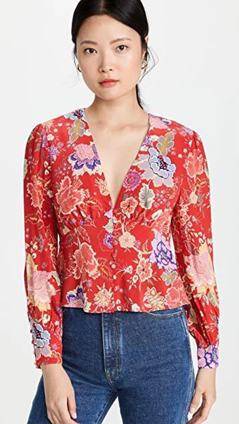 shopbop.com's Posts | Wearing: Khaite Daniella High-waisted Denim Jeans In Montgomery Stretch; Rixo London Womens Peony Flora Red Azra Floral-print Crepe Blouse M; Alexa Leigh Everyday Hoops In Yellow Gold