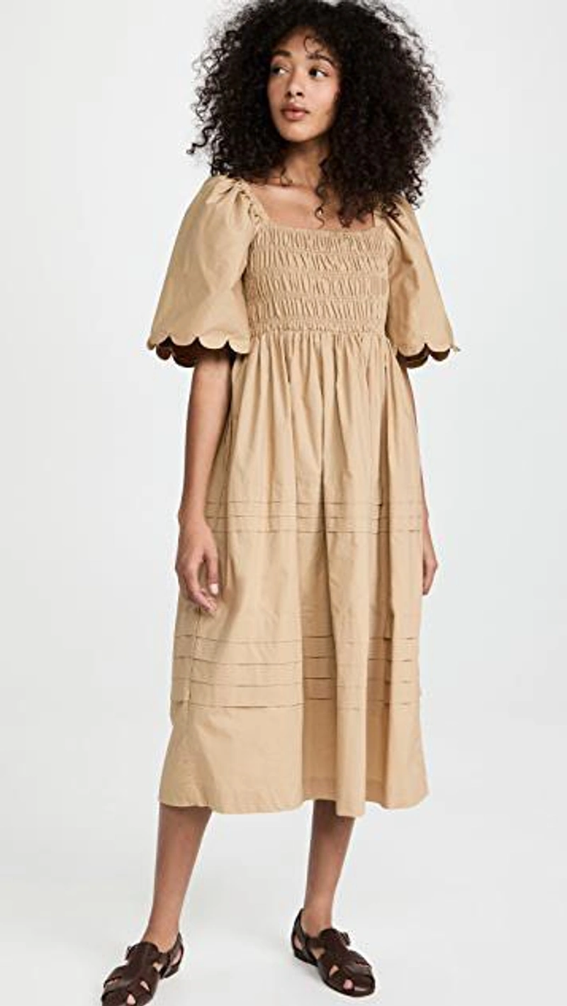 shopbop.com's Posts | 搭配: English Factory Scallop Detail Midi Dress In Tan；Alexa Leigh Everyday Hoops In Yellow Gold