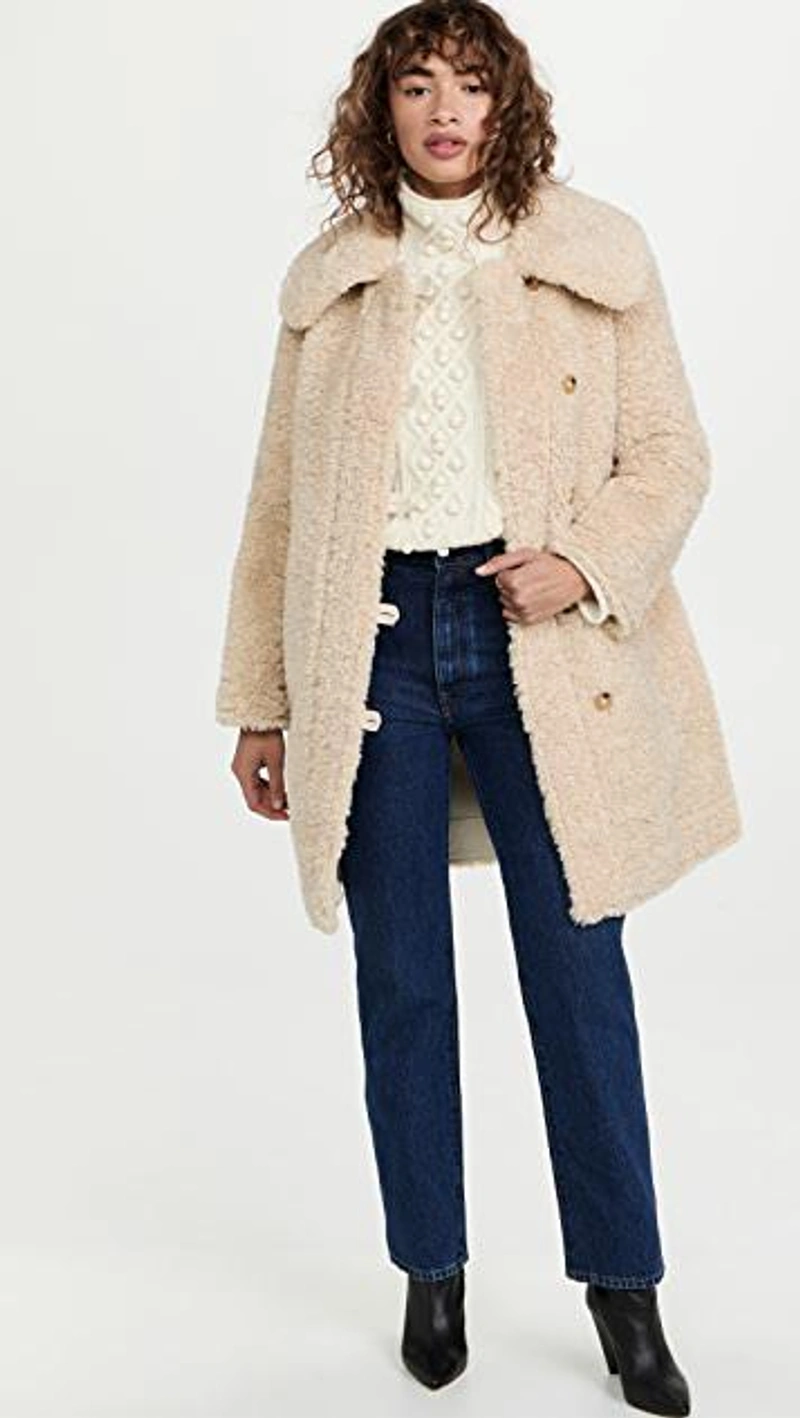 shopbop.com's Posts | 搭配: Khaite Blue Abigail Jeans In Montgomery；Rebecca Taylor Faux Shearling Coat In Caramel；Theory Felte Mixed Cable Stitch Sweater In Ivory