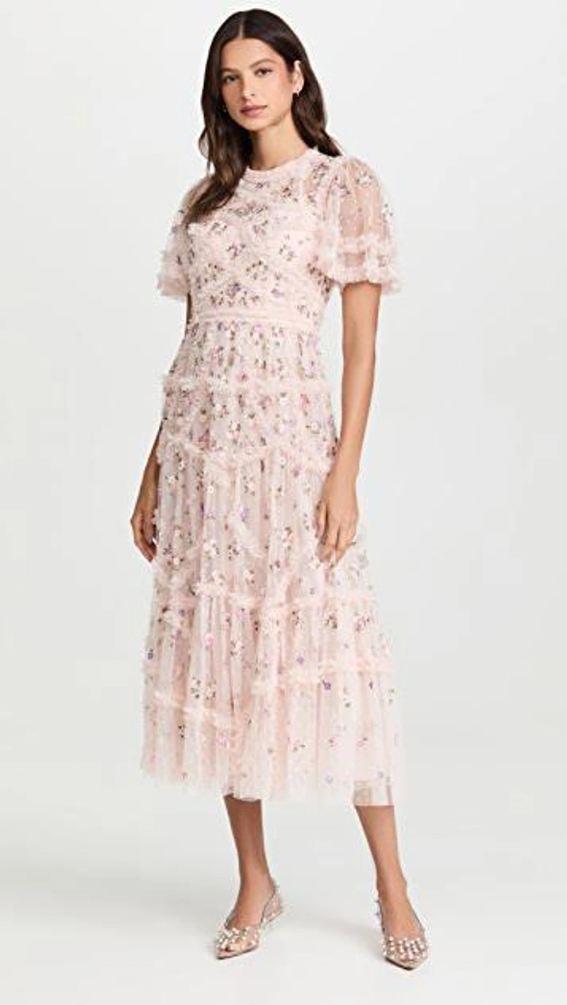 shopbop.com's Posts | 搭配: Needle & Thread Ophelia Ballerina Dress In Petal Pink；Shashi Triplès Hoops In Yellow Gold；Cult Gaia Roxy Pearl Kitten Heel Pump In Clear