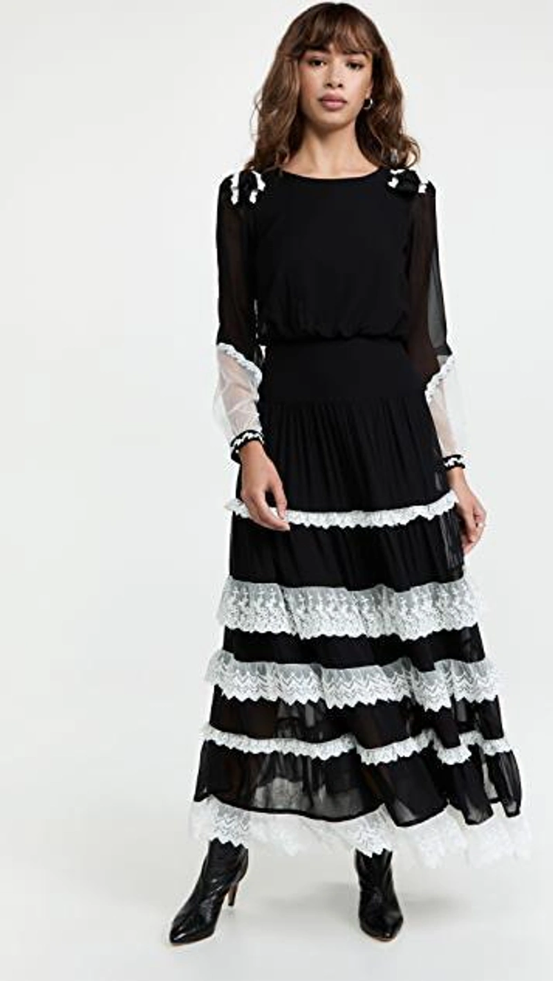 shopbop.com's Posts | 搭配: Saloni Isabel Lace-trimmed Silk-crepe Midi Dress In Black/ Ivory Flowers；Shashi Dominique Hoop Earrings In Gold；Shashi Remix Ring Set