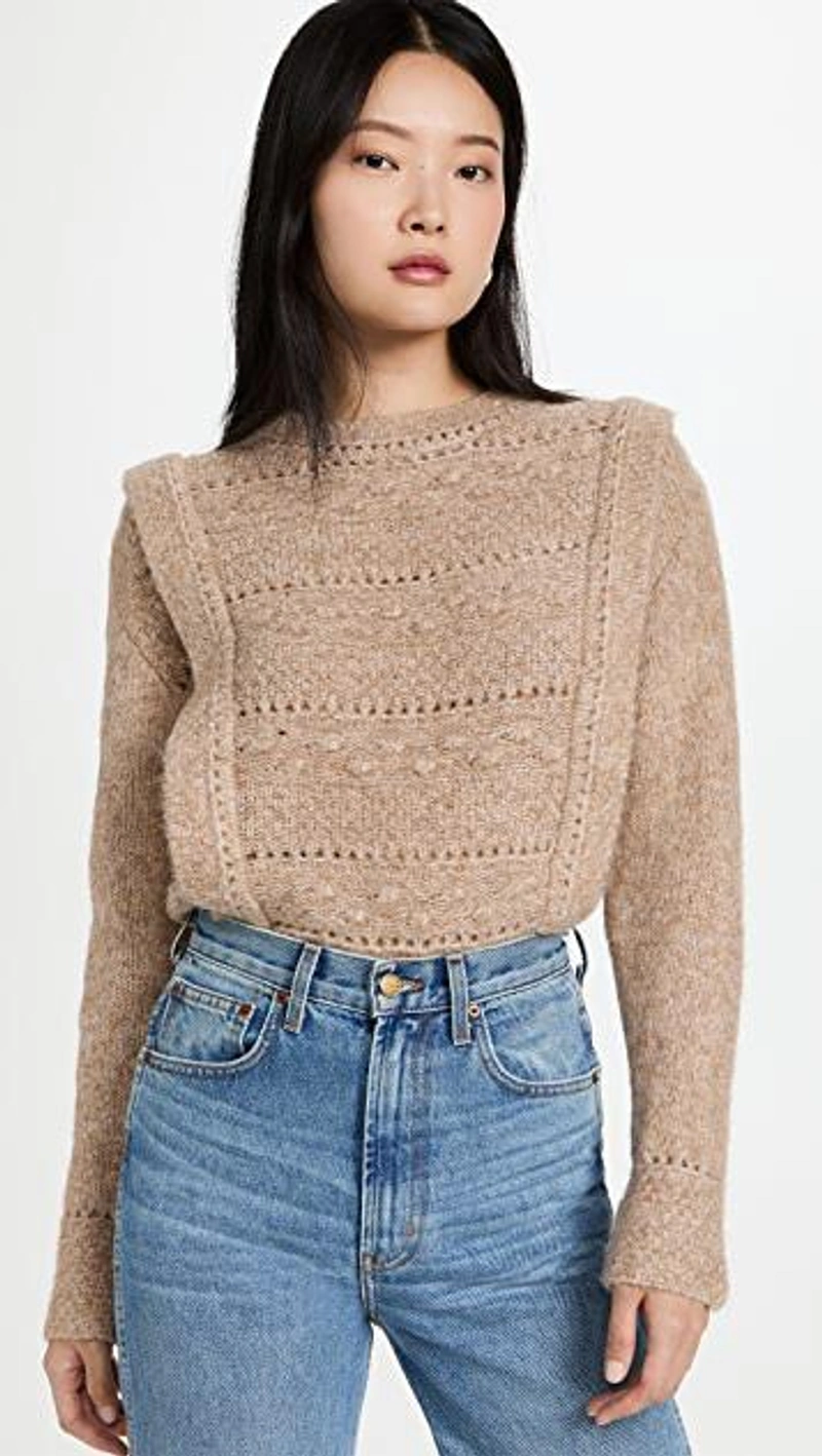 shopbop.com's Posts | 搭配: Moon River Crochet Sweater In Tan；B Sides Plein Jean Reese Vintage Jeans；Madewell Large Crescent Hoop Earrings In Vintage Gold