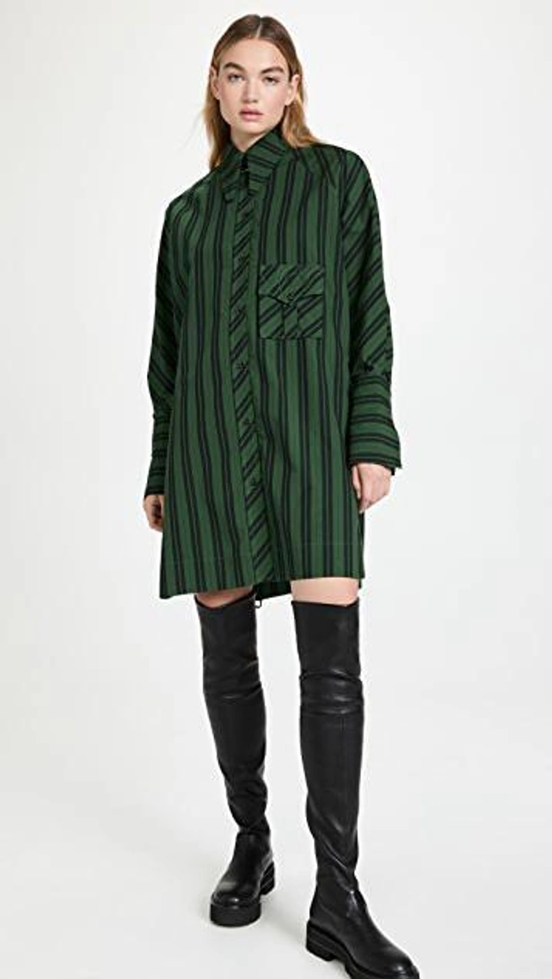 shopbop.com's Posts | Wearing: Ganni Oversized Striped Organic Cotton-poplin Mini Shirt Dress In Green; Justine Clenquet Reese Necklace In Silver; Stuart Weitzman Lowland Ultralift Over The Knee Boots In Black