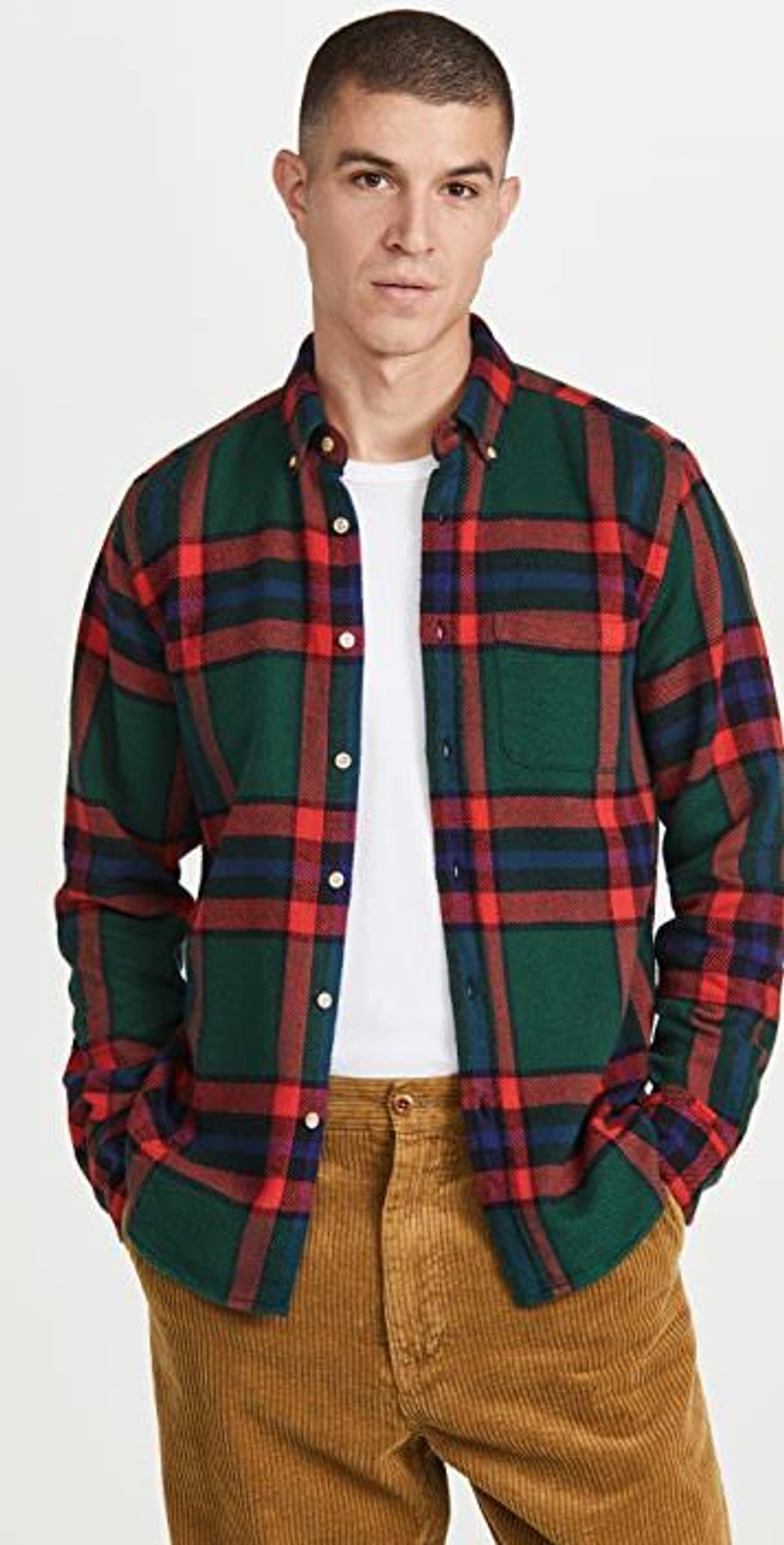 shopbop.com's Posts | Wearing: Reigning Champ T-shirt 2 Pack In Heather Grey; Portuguese Flannel Winter Blanket Plaid Flannel Button Down; Alex Mill Standard Pleated Pants In Khaki