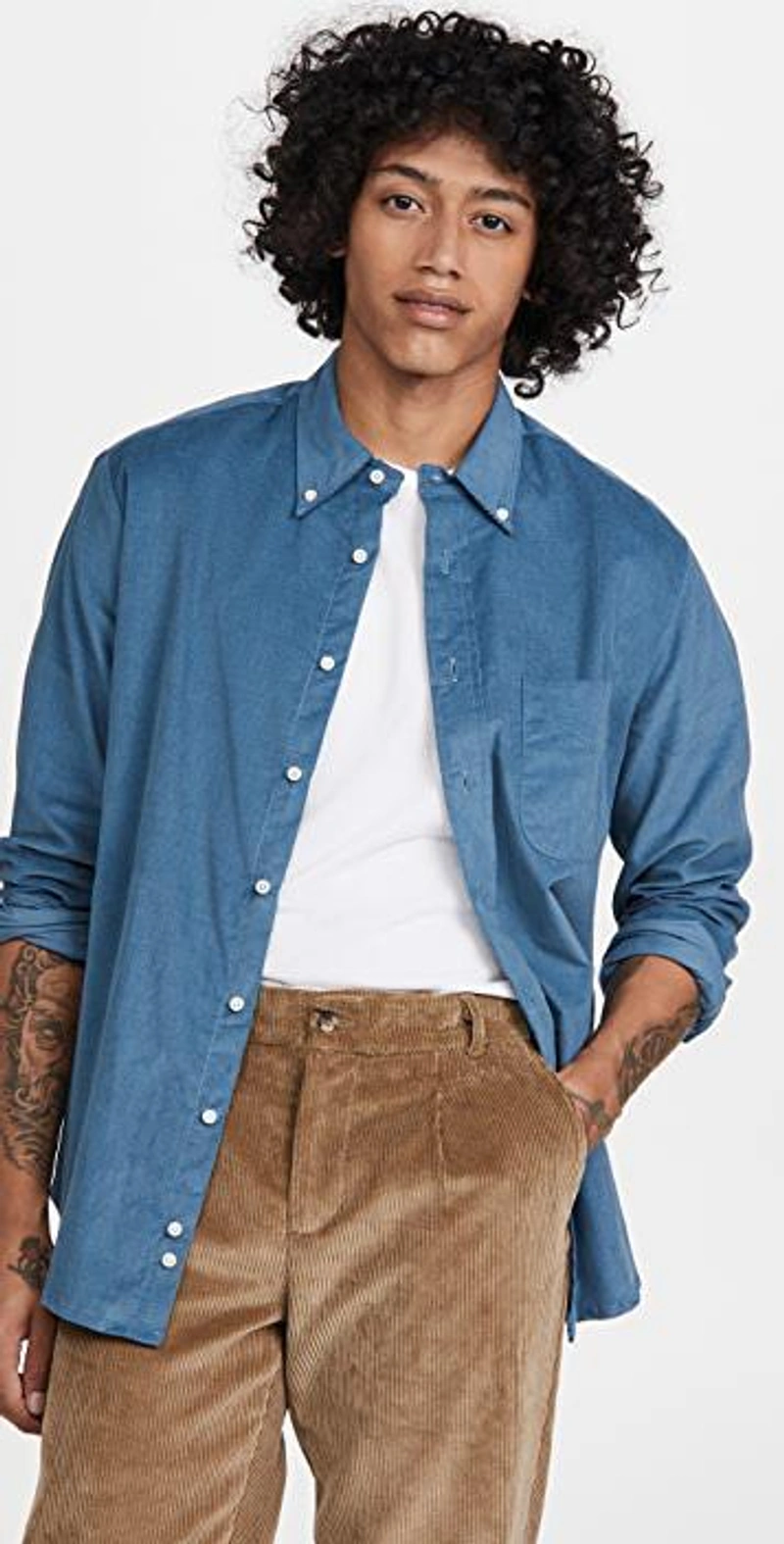 shopbop.com's Posts | Wearing: Gitman Vintage Button-down Collar Cotton-corduroy Shirt In Blue; De Bonne Facture Pleated Pants