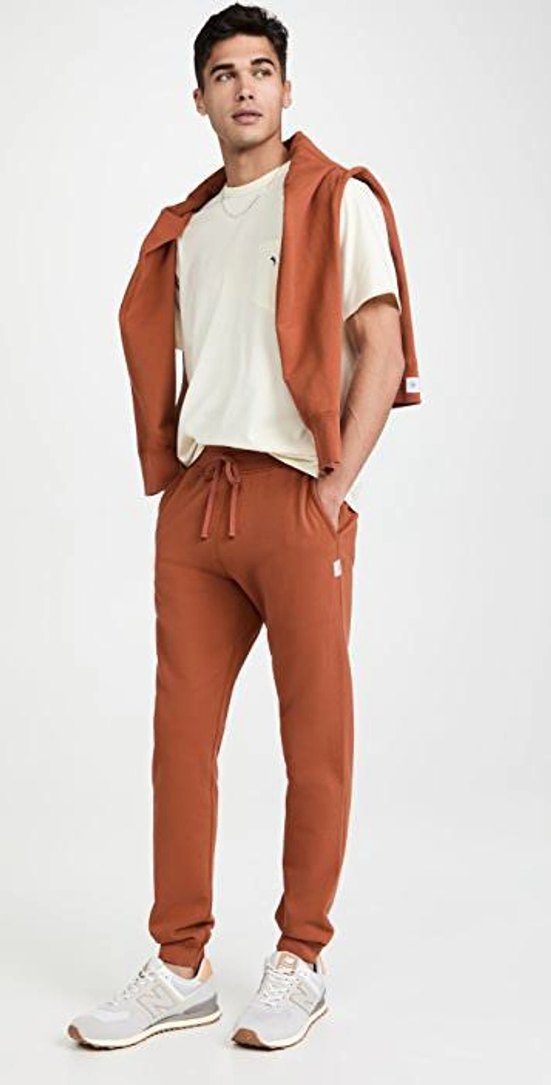 shopbop.com's Posts | Wearing: Reigning Champ Slim Fit Sweatpants In Sierra; Maison Kitsuné Tricolor Fox Patch Classic Pocket T-shirt In Ecru; Reigning Champ Crew Neck Sweatshirt
