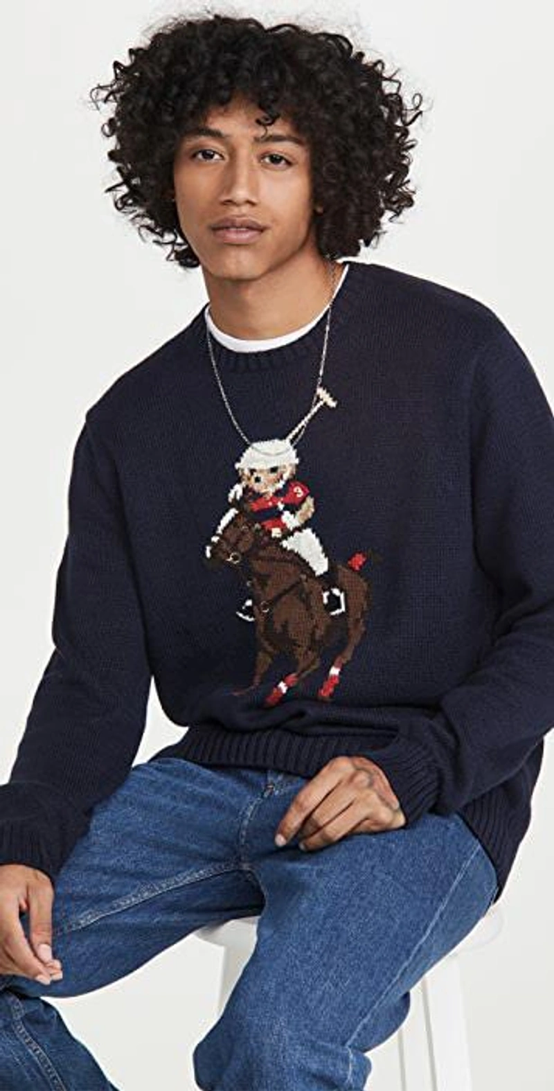 shopbop.com's Posts | 搭配: Polo Ralph Lauren Polo Bear Cotton Blend Regular Fit Crewneck Sweater In Navy；Apc A.p.c Middle Standard Relaxed Fit Jeans In Washed Indigo In Blue