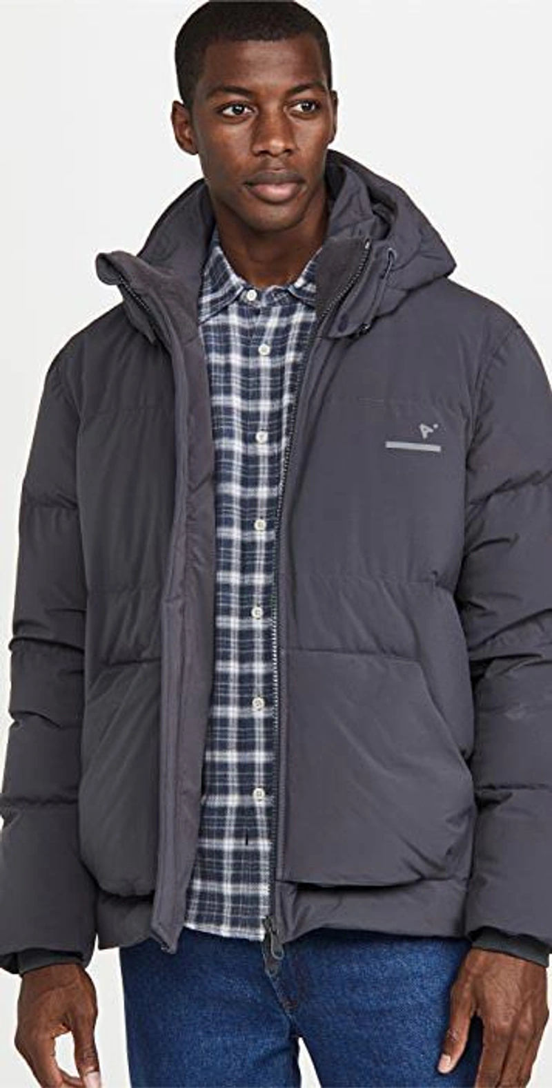 shopbop.com's Posts | 搭配: The Arrivals Aer Alpine Puff Jacket In Dark Cloud；Rails Regular-fit Lennox Brushed Plaid Shirt In Denim White；Apc Martin Jeans