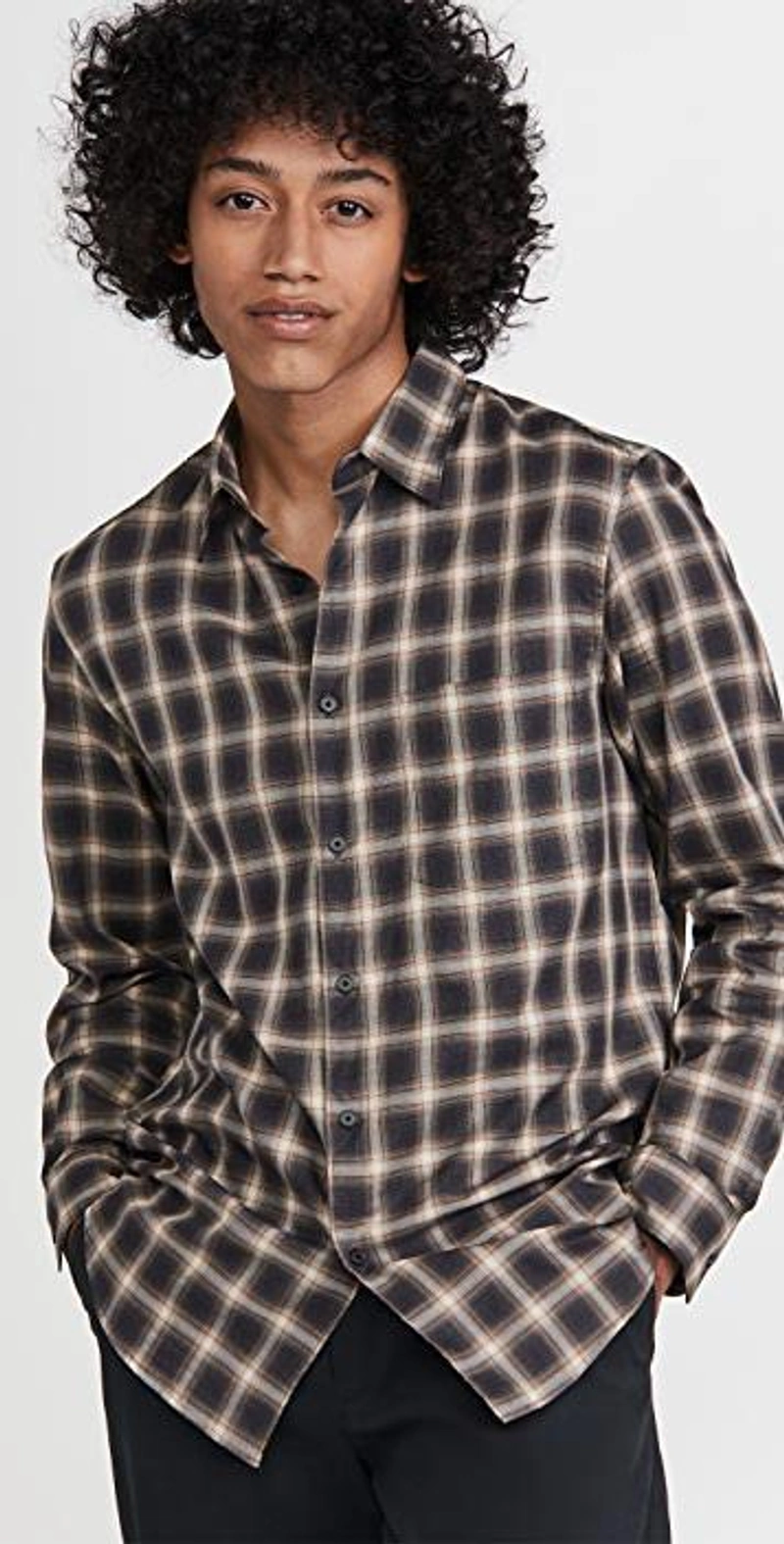 shopbop.com's Posts | 搭配: Theory Noll Flannel Button-down Shirt In Chanterelle/ Black；De Bonne Facture Cardigan；Club Monaco Jogger Pants In Caviar
