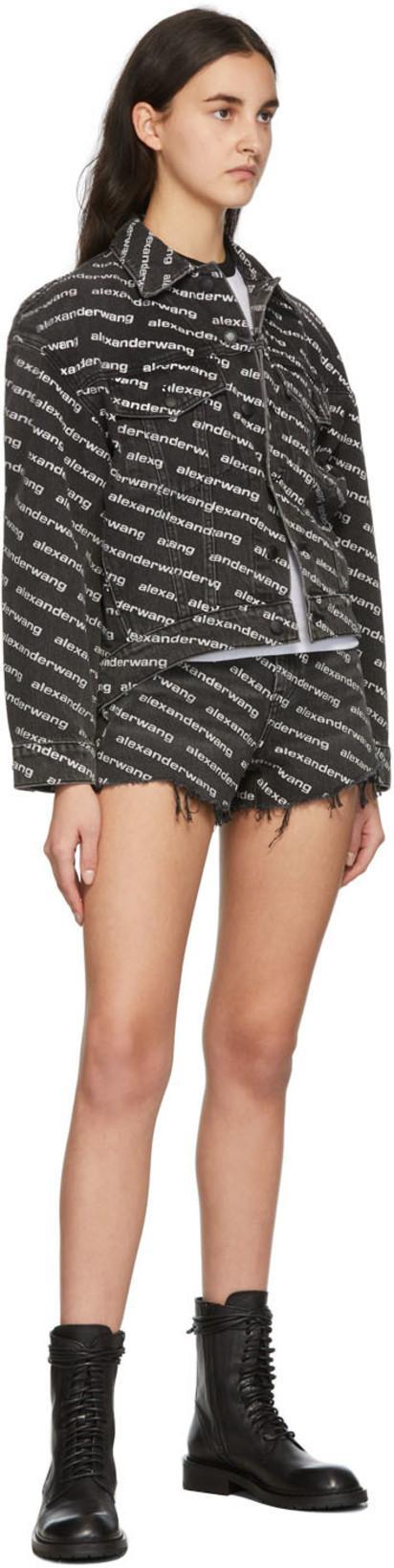 ALEXANDER WANG Omens Grey Aged White Logo-print Bite Denim Shorts In Black