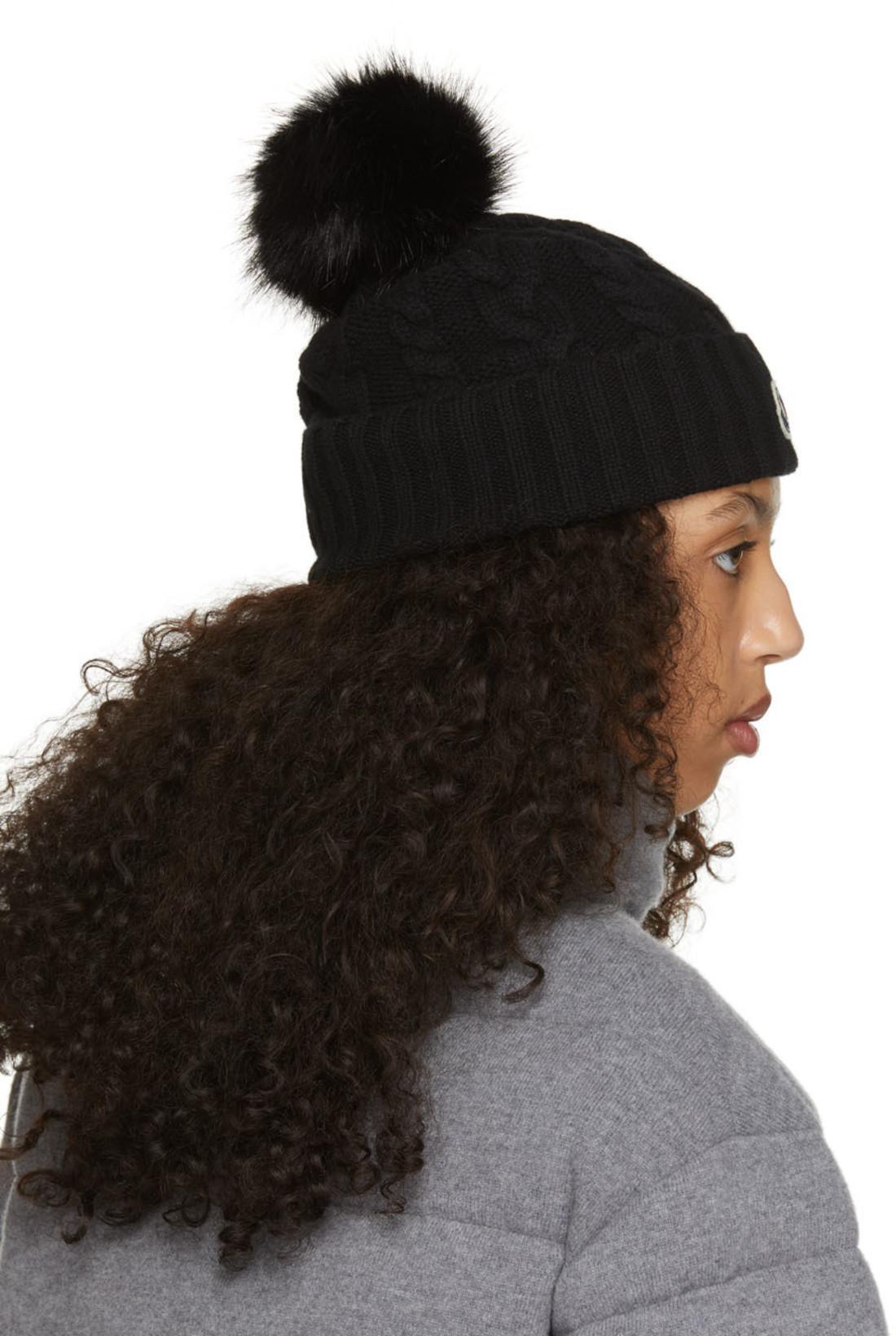 MONCLER Ribbed Knit Wool Beanie With Faux Fur Pom-pom In Black
